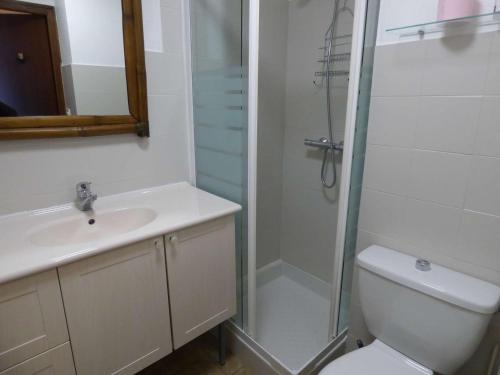 uma casa de banho com um chuveiro, um WC e um lavatório. em Studio Le Grand-Bornand, 1 pièce, 4 personnes - FR-1-458-166 em Le Grand-Bornand