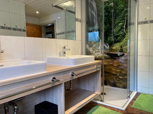 a bathroom with a sink and a shower at Spacious Holiday Home in Sankt Johann im Pongau with Garden in Sankt Johann im Pongau