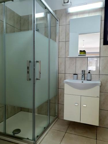 W łazience znajduje się szklana kabina prysznicowa i umywalka. w obiekcie Valentina Apartments w Pafos