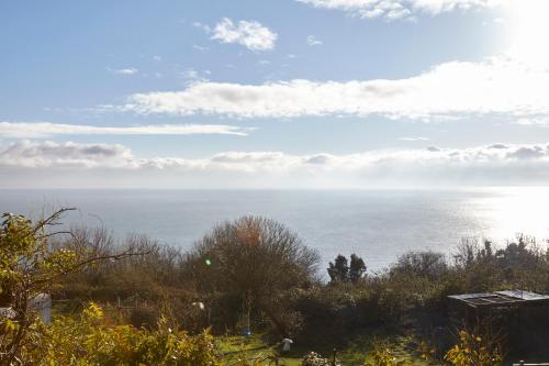 a view of the ocean from the top of a hill at Puckaster Cove Cabin in Niton
