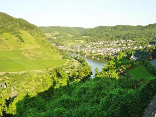 an aerial view of a river with a town and a valley at Wohnen über den Dächern der Cochemer Altstadt in Cochem