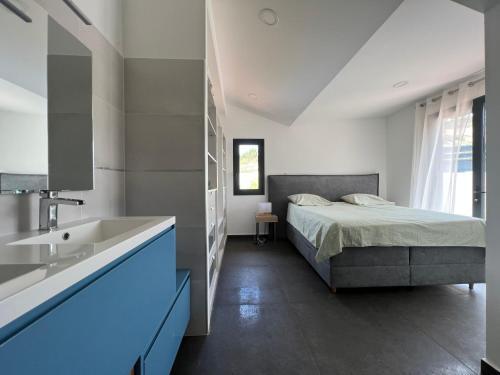 a bedroom with a bed and a sink and a tub at Villa Pluton - Meublé de tourisme 4 étoiles in Saint-Gilles les Bains
