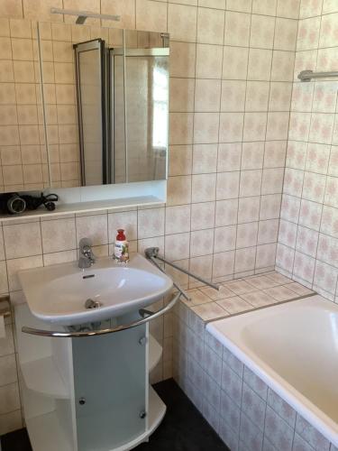 a bathroom with a sink and a bath tub at Haus Liesal in Spiegelau