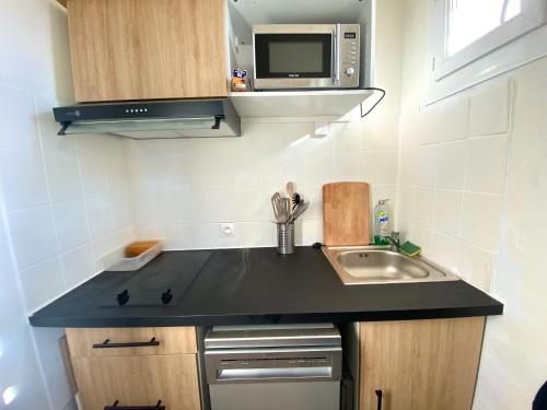une petite cuisine avec un évier et un micro-ondes dans l'établissement Appartement cozy, à Montpellier