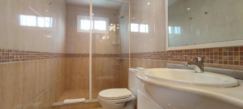 a bathroom with a shower and a toilet and a sink at Apartamentos Las Palmeras I in Puerto del Carmen