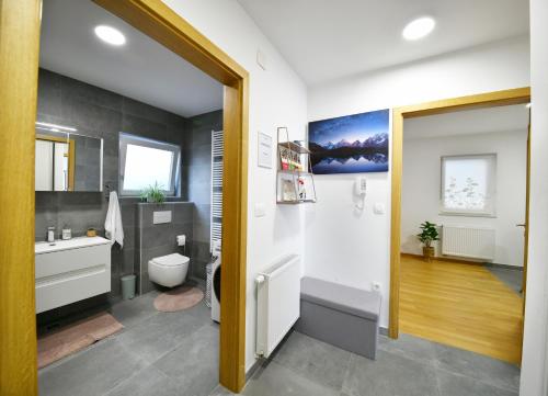 bagno con servizi igienici e lavandino di Kalimero apartman A1 a Križevci