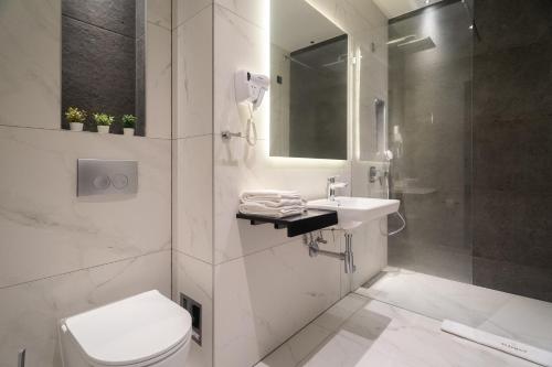 La salle de bains est pourvue de toilettes, d'un lavabo et d'une douche. dans l'établissement Hotel Element, à Novi Sad