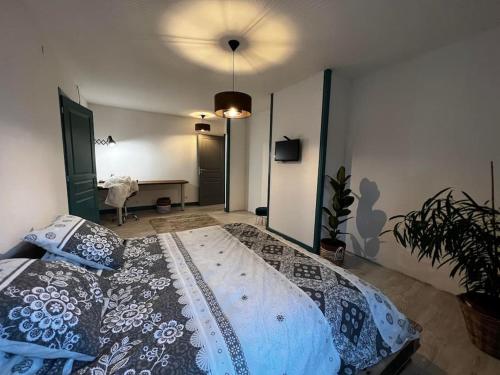 1 dormitorio con 1 cama grande en una habitación en Gite à la ferme avec jacuzzi et piscine chauffée en Saint-Félix-de-Tournegat