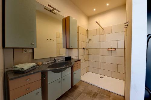 a bathroom with a sink and a shower at Zufluchtshütte in Herzogenrath