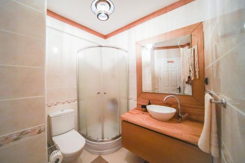 W łazience znajduje się toaleta, umywalka i lustro. w obiekcie Stunning Villa in Bodrum with Jacuzzi Bodrum w Bodrum