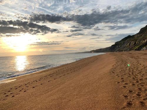 a beach with footprints in the sand and the ocean at Puckaster Cove Cabin in Niton