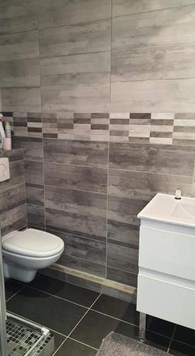 une salle de bain avec toilettes et lavabo dans l'établissement Studio La Napoule, à Mandelieu-la-Napoule