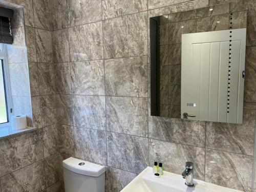 y baño con aseo, lavabo y espejo. en Pass the Keys Newly built house 4 mins from Twyford Centre en Reading