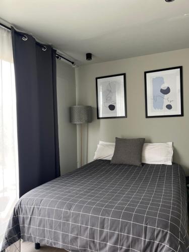 una camera da letto con un letto con una coperta grigia scozzese di LA CASA CONTENEDOR a Saragozza