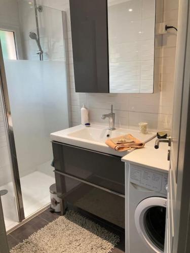 une salle de bain avec un lavabo et une machine à laver dans l'établissement duplex 4p, st clair, pr plage, au soleil au calme, au Lavandou