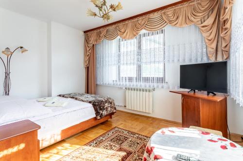 a bedroom with a bed and a flat screen tv at DW Paweł in Zakopane
