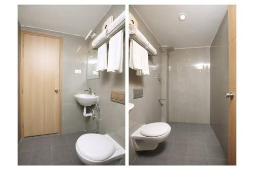 two pictures of a bathroom with a toilet and a sink at RAAJ PEARL in Chennai