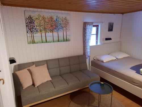 ein kleines Zimmer mit einem Sofa und einem Bett in der Unterkunft Camp Route 45 in Hammerdal