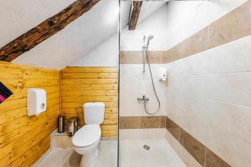 a bathroom with a toilet and a shower at Sofia Folklore Life Apartment in Sofia
