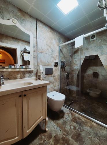 a bathroom with a shower and a toilet and a sink at BEHRAMPAŞA OTEL &CAFE &RESTAURANT in Sivas