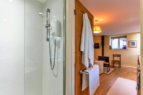 a bathroom with a shower with a glass door at Finest Retreats - Jenny Wren in Boscastle