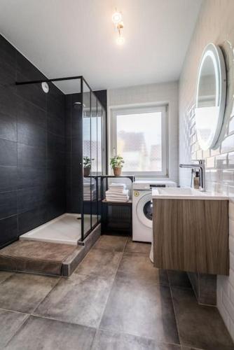 une salle de bain avec douche et machine à laver dans l'établissement Appartement Le Saver'Zaru, centre ville, T2 55m², à Saverne