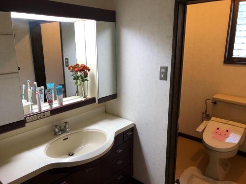 a bathroom with a sink and a toilet and a mirror at Fukurou no Oyado - Vacation STAY 71438v in Fuefuki