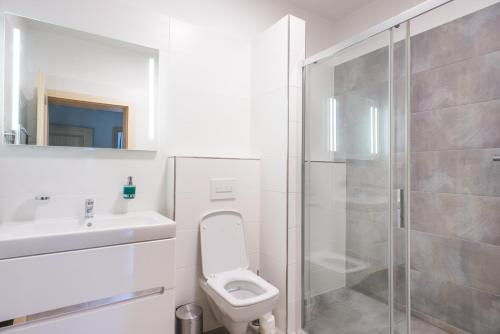 a white bathroom with a toilet and a shower at Apartmány Pstruží AP19 in Pstruží