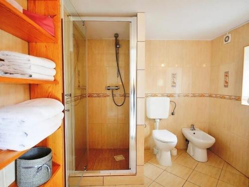 a bathroom with a shower and a toilet and a sink at Apartment with a large terrace, close to the beach, Ustronie Morskie in Ustronie Morskie