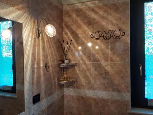 a bathroom with a shower with a tiled wall at VILLETTA TRA GLI ULIVI in Citta' Sant'Angelo