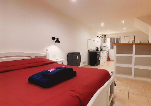 a bedroom with a large bed with a red blanket at Disfruta Mucho !!! in El Calafate