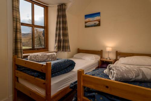 two twin beds in a room with a window at Gulabin Lodge in Glenshee