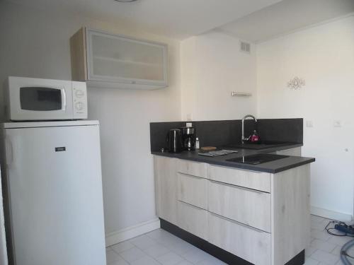 une cuisine avec un évier et un micro-ondes dans l'établissement marseillan plage super appart, à Marseillan