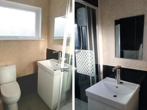 two pictures of a bathroom with a toilet and a sink at Valhalla in St Ives