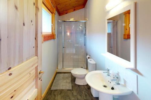 ein Bad mit einem WC, einem Waschbecken und einer Dusche in der Unterkunft CROYDE RANCH CHALET 2 Bedrooms in Croyde