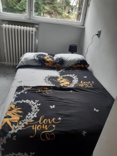 a bedroom with a bed with a black and gold blanket at Brdo lux in Belgrade