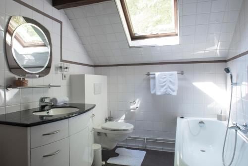 a bathroom with a sink and a toilet and a mirror at Le Marronnier in La Roche-en-Ardenne