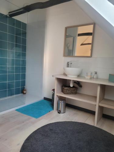 uma casa de banho com um lavatório e um espelho em Les 4 étoiles de MAÉÉ em Cazeaux-de-Larboust