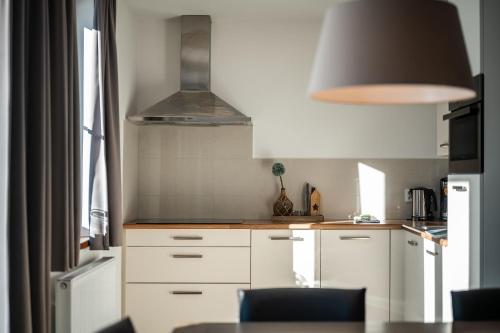 a small kitchen with white cabinets and aendant light at Residence Lipno in Lipno nad Vltavou