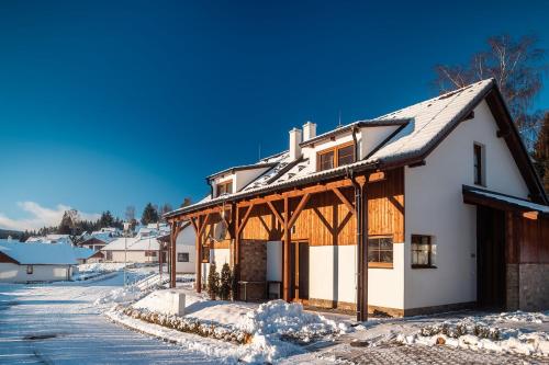 a house in the snow on a snowy street at Residence Lipno in Lipno nad Vltavou