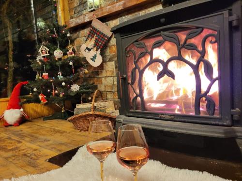 two wine glasses on a table in front of a fireplace at Casa Cărbunaru in Tîrgu Ocna
