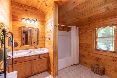 uma casa de banho com um lavatório e um espelho em Hemlock Hideaway em Boone