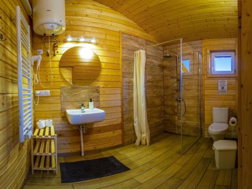 a bathroom with a sink and a shower and a toilet at Bogdanka Park in Trzebin