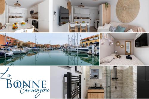 un collage de photos d'une maison et d'un port de plaisance dans l'établissement La Perle du Port * Terrasse * clim * mer à 5 min * chambre *, à Carnon-Plage