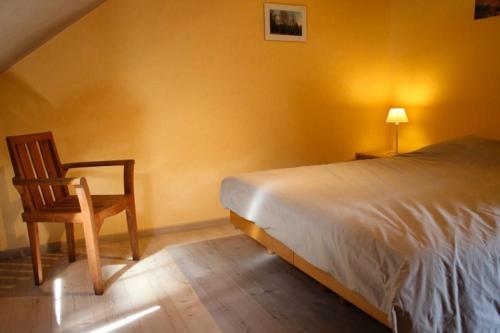 1 dormitorio con 1 cama, 1 silla y 1 lámpara en Gite La Chauve-souris Maxime, en Houffalize
