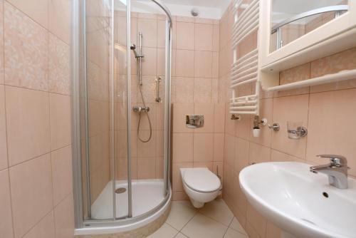 a bathroom with a shower and a toilet and a sink at Hotel Alpejski in Polanica-Zdrój