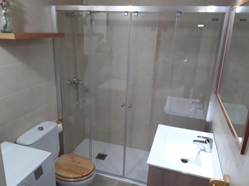 e bagno con doccia, servizi igienici e lavandino. di Apartamento en Calan Blanes, Ciutadella a Cala en Blanes