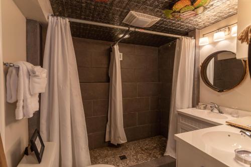 a bathroom with a shower and a toilet and a sink at Beech Haven in Beech Mountain