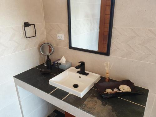 a bathroom with a sink and a mirror on a counter at Palmetto Lodge in Playa San Miguel 