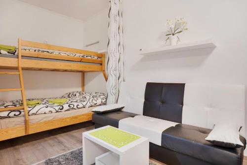 a living room with a bunk bed and a couch at Apartmán Alfa Klínovec in Loučná pod Klínovcem